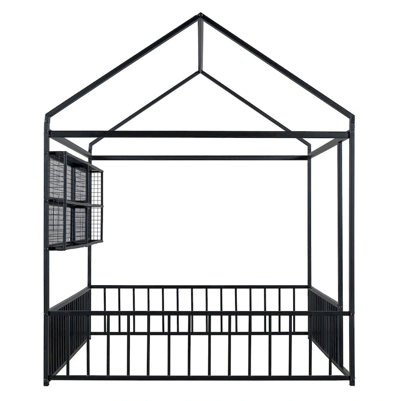 Metal House-Shaped Floor Bed with Grid Shelves - Full Size, Kids & Teens