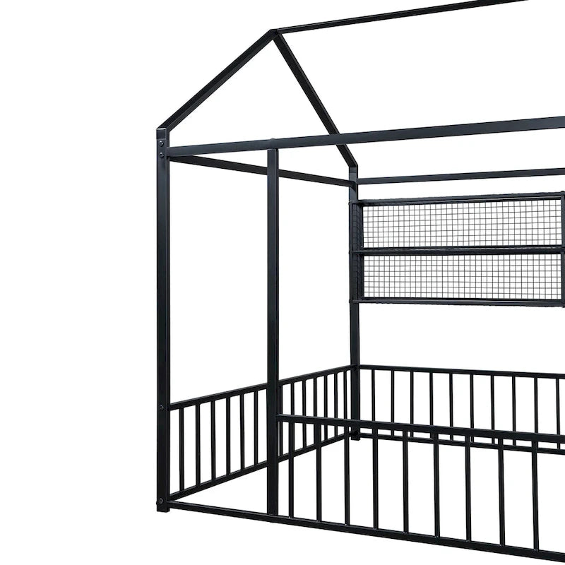 Metal House-Shaped Floor Bed with Grid Shelves - Full Size, Kids & Teens