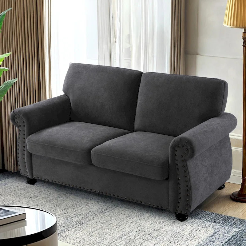 Mid-Century Velvet Loveseat with Solid Wood Legs and Nailhead Trim