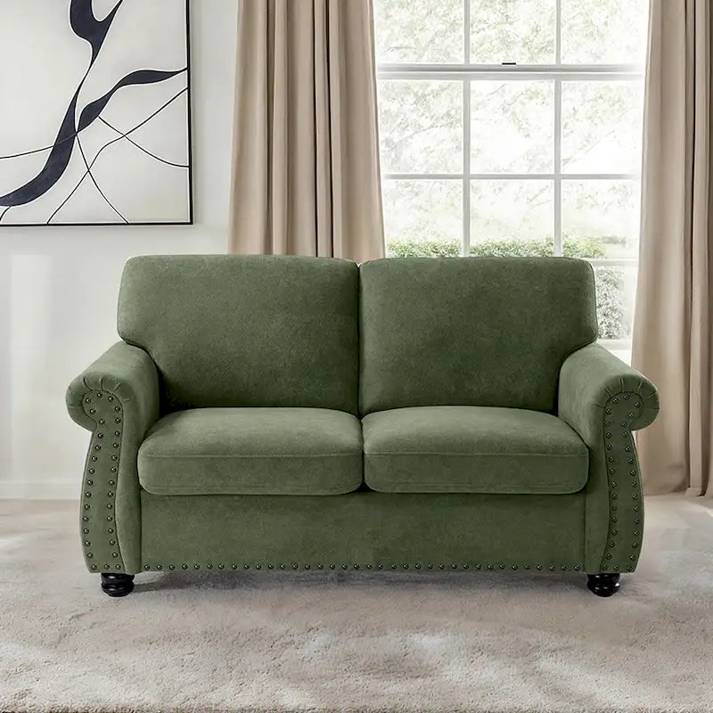 Mid-Century Velvet Loveseat with Solid Wood Legs and Nailhead Trim