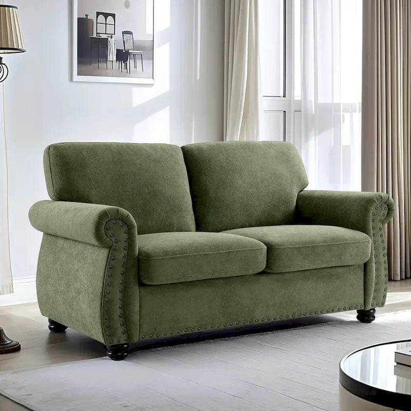 Mid-Century Velvet Loveseat with Solid Wood Legs and Nailhead Trim