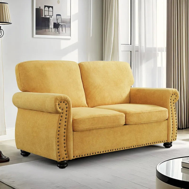 Mid-Century Velvet Loveseat with Solid Wood Legs and Nailhead Trim