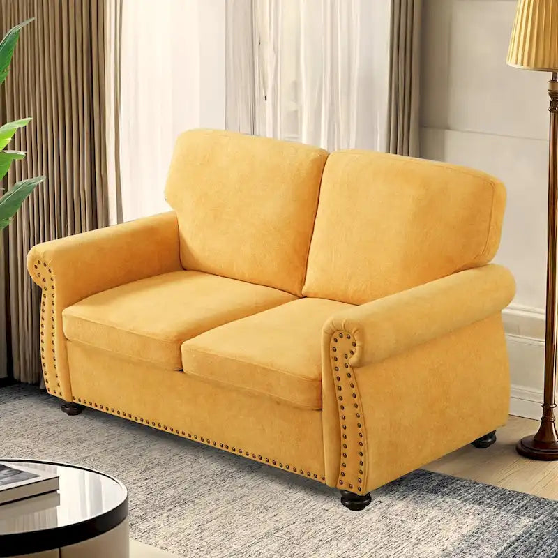Mid-Century Velvet Loveseat with Solid Wood Legs and Nailhead Trim