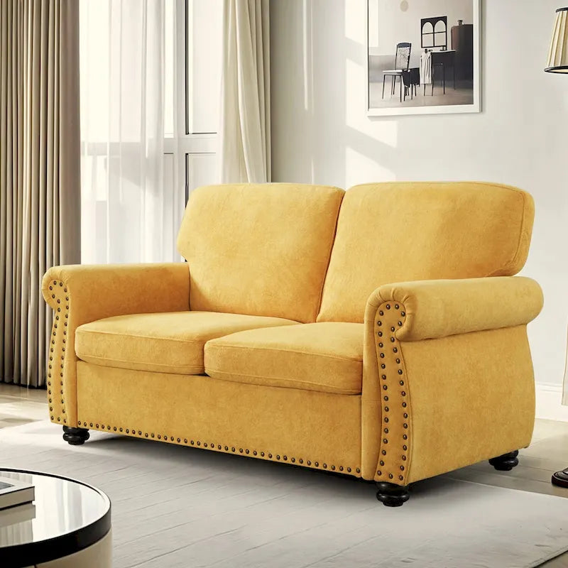 Mid-Century Velvet Loveseat with Solid Wood Legs and Nailhead Trim