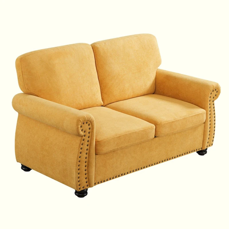 Mid-Century Velvet Loveseat with Solid Wood Legs and Nailhead Trim