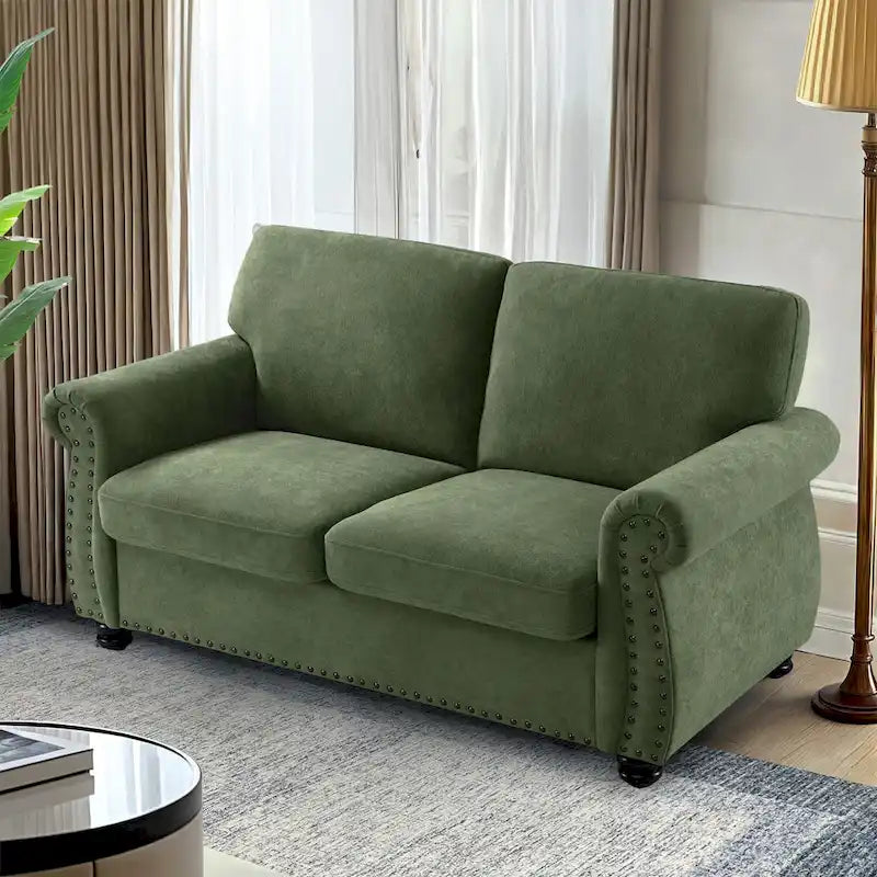 Mid-Century Velvet Loveseat with Solid Wood Legs and Nailhead Trim