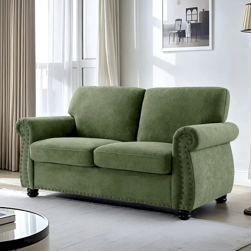 Mid-Century Velvet Loveseat with Solid Wood Legs and Nailhead Trim