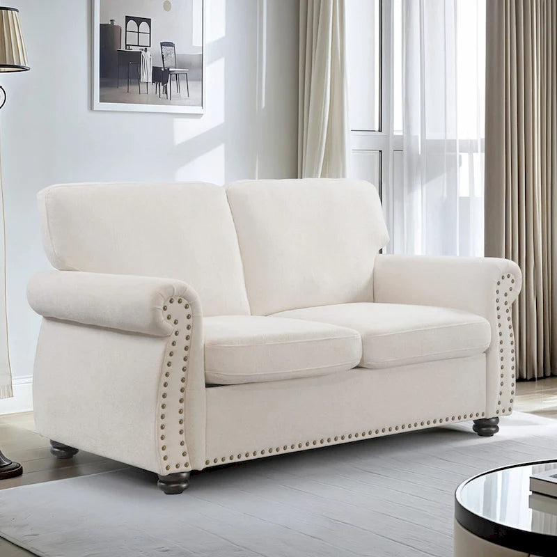 Mid-Century Velvet Loveseat with Solid Wood Legs and Nailhead Trim