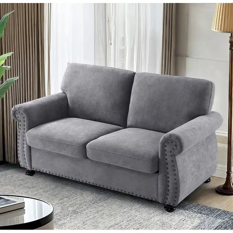 Mid-Century Velvet Loveseat with Solid Wood Legs and Nailhead Trim