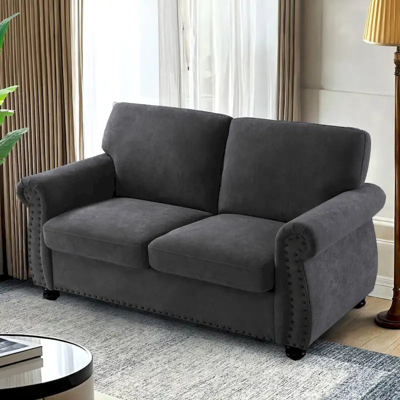 Mid-Century Velvet Loveseat with Solid Wood Legs and Nailhead Trim