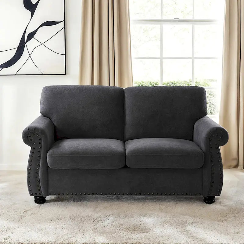 Mid-Century Velvet Loveseat with Solid Wood Legs and Nailhead Trim
