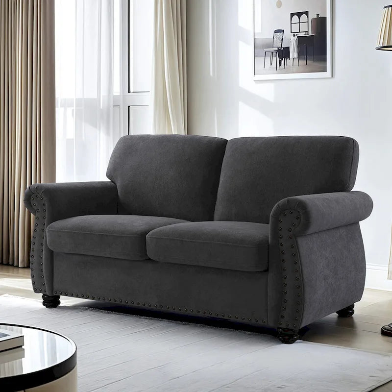 Mid-Century Velvet Loveseat with Solid Wood Legs and Nailhead Trim