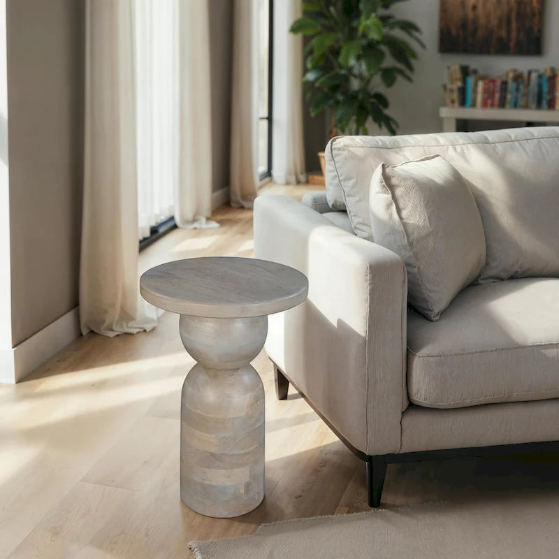 Tia 12-Inch Round Mango Wood Side Table with Turned Pedestal Base