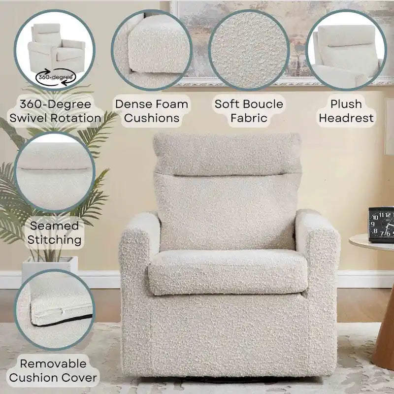 Swivel Accent Armchair with Plush Headrest and Removable Cushion