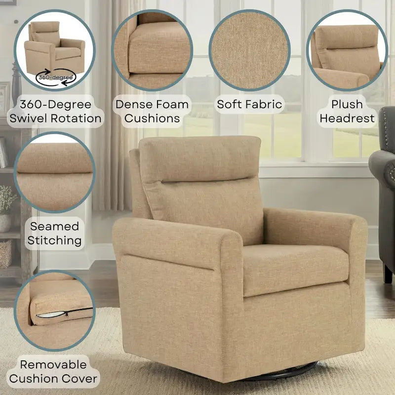 Swivel Accent Armchair with Plush Headrest and Removable Cushion