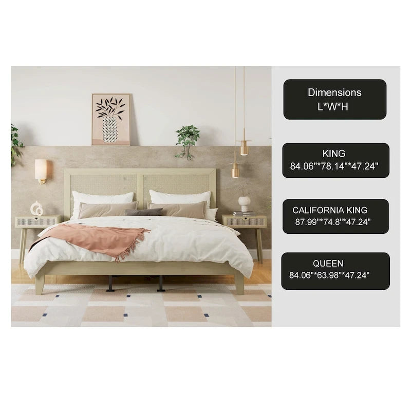 Solid Wood Platform Bed with Woven Rattan Headboard - King