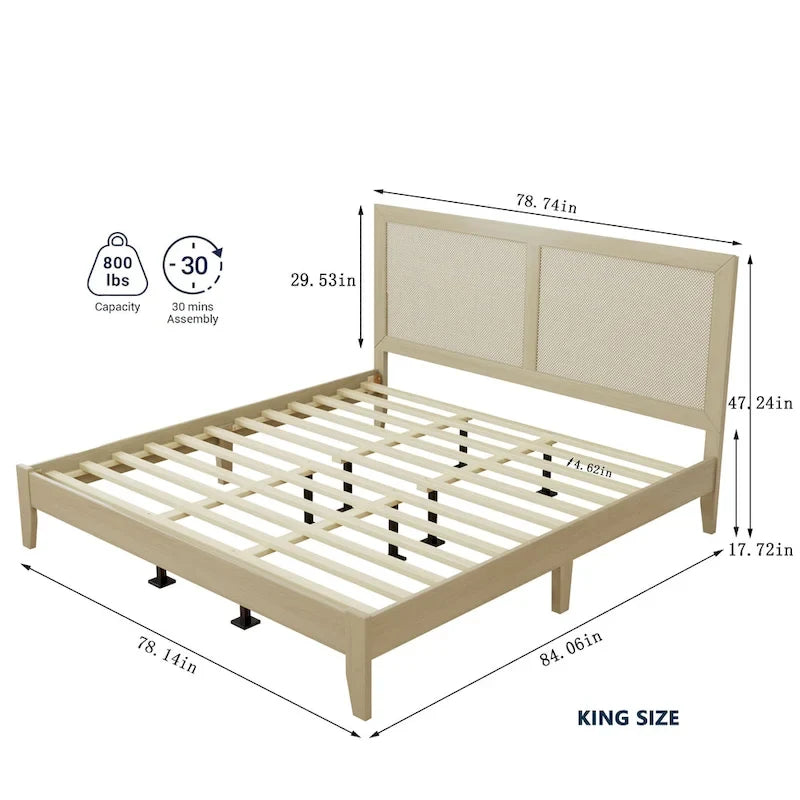 Solid Wood Platform Bed with Woven Rattan Headboard - King