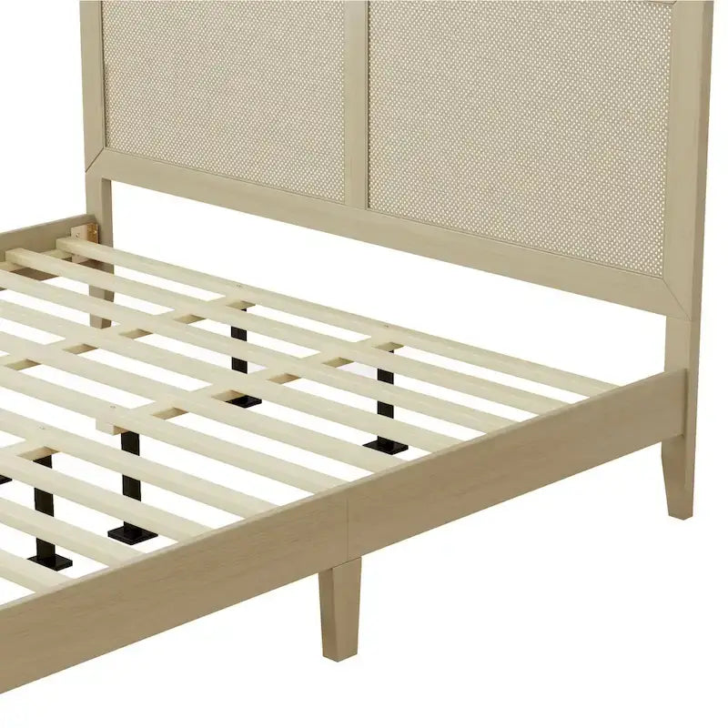 Solid Wood Platform Bed with Woven Rattan Headboard - King