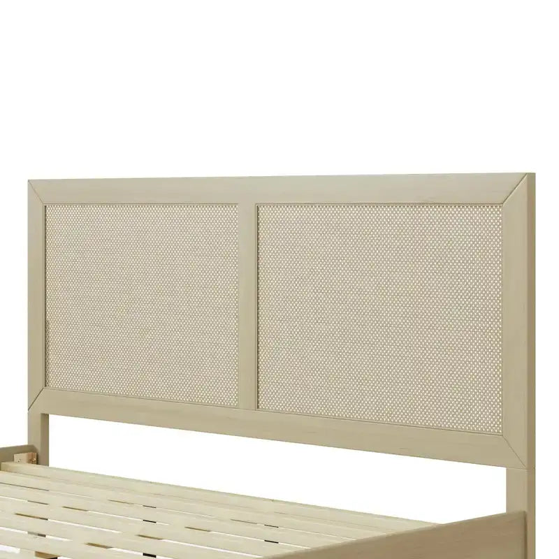 Solid Wood Platform Bed with Woven Rattan Headboard - King