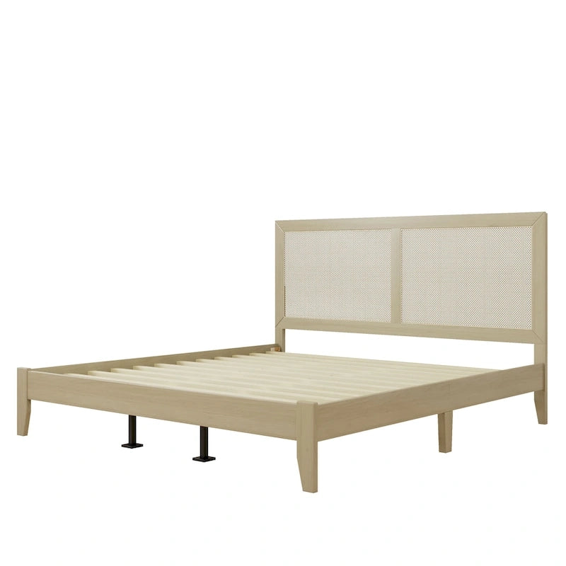 Solid Wood Platform Bed with Woven Rattan Headboard - King