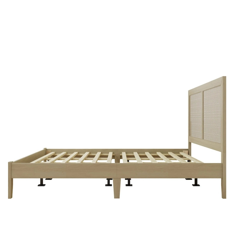 Solid Wood Platform Bed with Woven Rattan Headboard - King