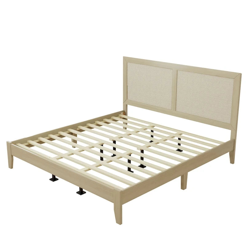 Solid Wood Platform Bed with Woven Rattan Headboard - King