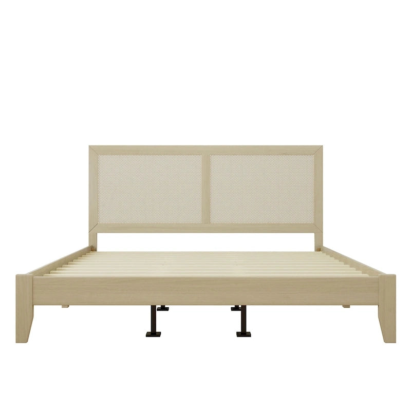 Solid Wood Platform Bed with Woven Rattan Headboard - King