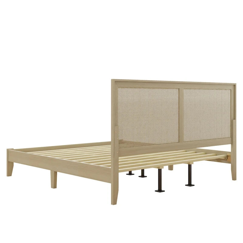 Solid Wood Platform Bed with Woven Rattan Headboard - King