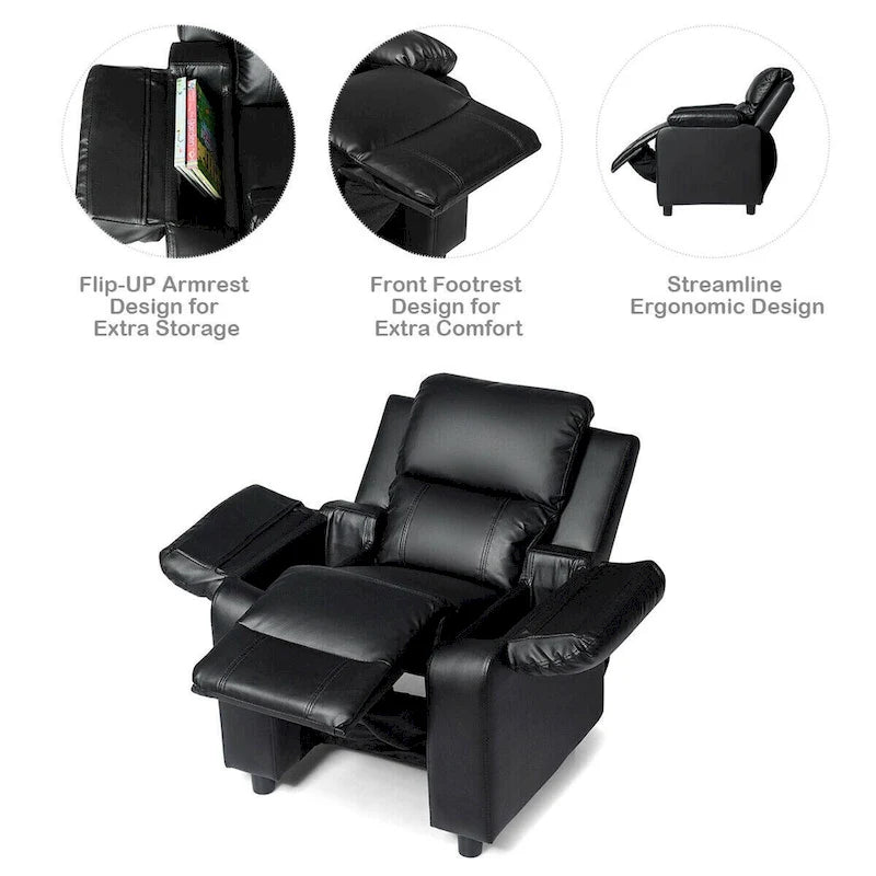 Gymax Kids PU Leather Recliner Sofa with Flip-Up Armrest - Ages 2-8
