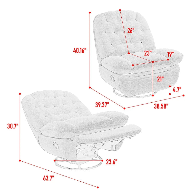 Oversized Chenille Swivel Glider Recliner with 360° Rotation and Extended Footrest