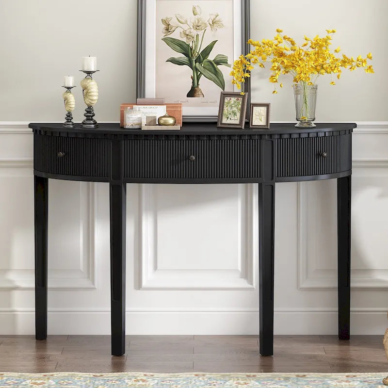 51-Inch Modern Curved Console Table with Vertical Stripe Drawers