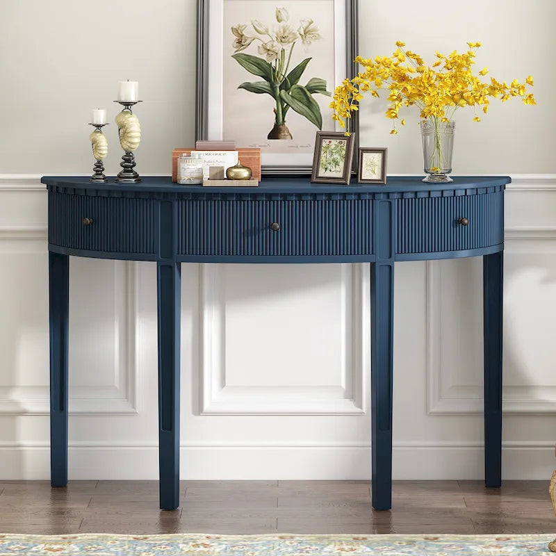 51-Inch Modern Curved Console Table with Vertical Stripe Drawers