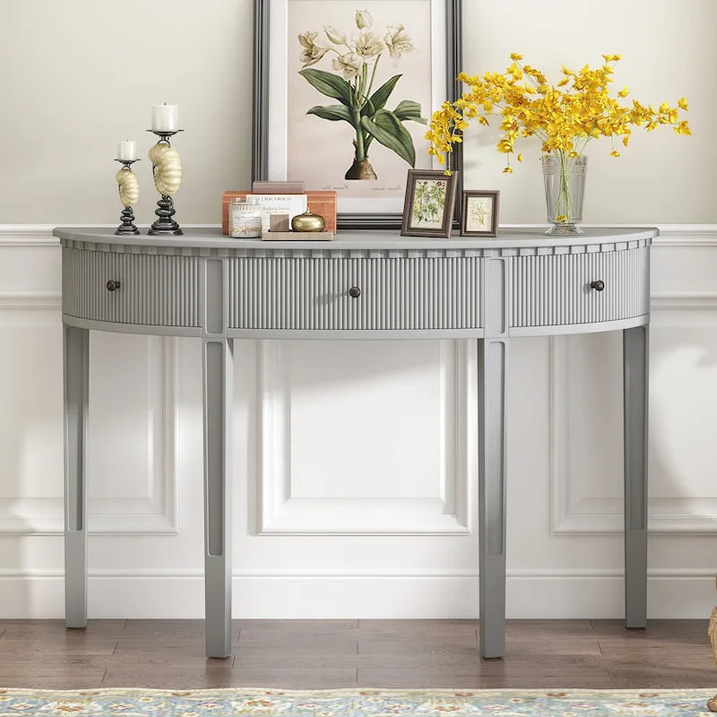 51-Inch Modern Curved Console Table with Vertical Stripe Drawers