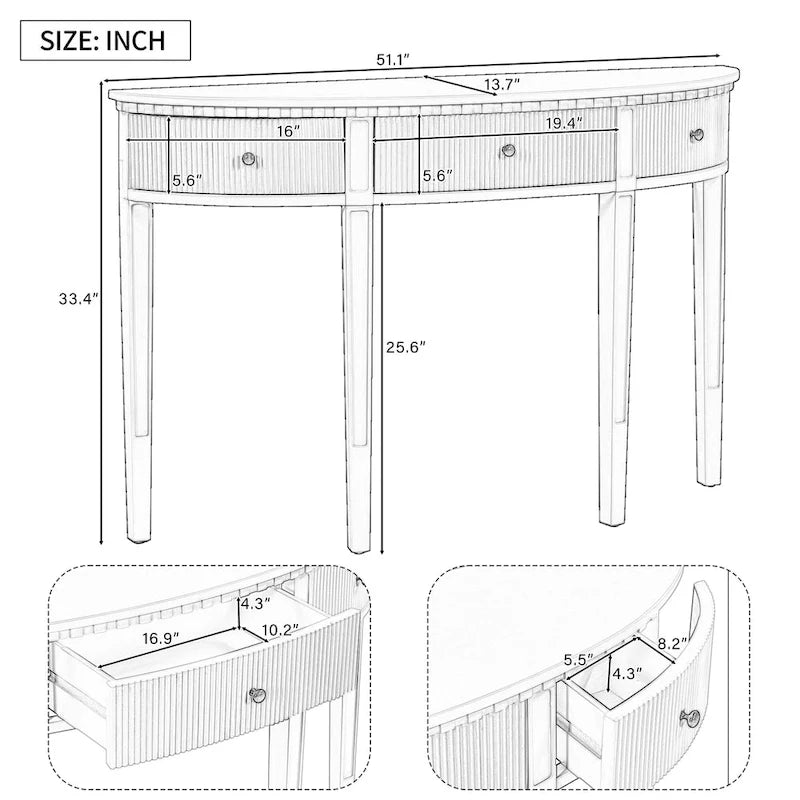 51-Inch Modern Curved Console Table with Vertical Stripe Drawers