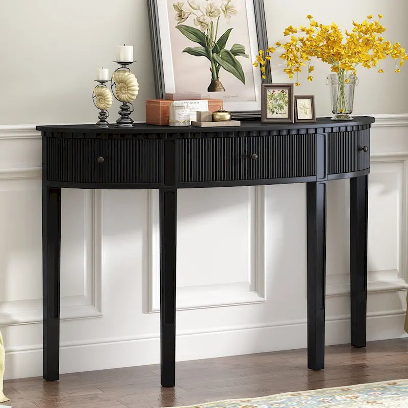 51-Inch Modern Curved Console Table with Vertical Stripe Drawers