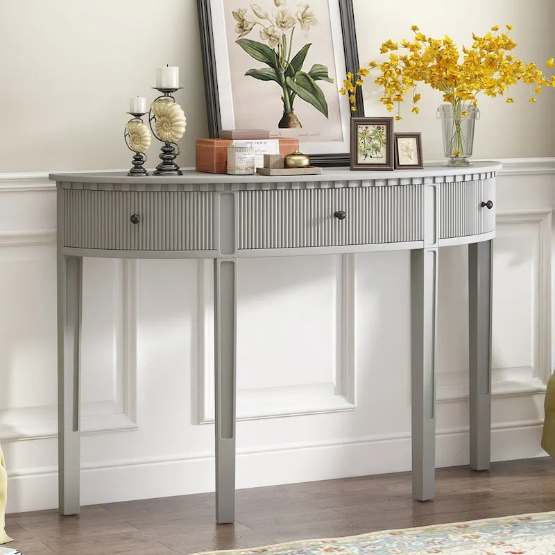 51-Inch Modern Curved Console Table with Vertical Stripe Drawers