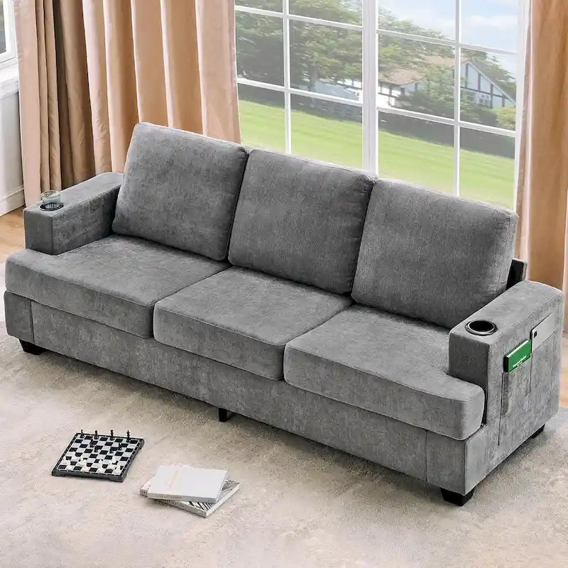 89-Inch Chenille 3-Seater Sofa with Cup Holders, Storage Pockets and Throw Pillows
