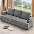 89-Inch Chenille 3-Seater Sofa with Cup Holders, Storage Pockets and Throw Pillows