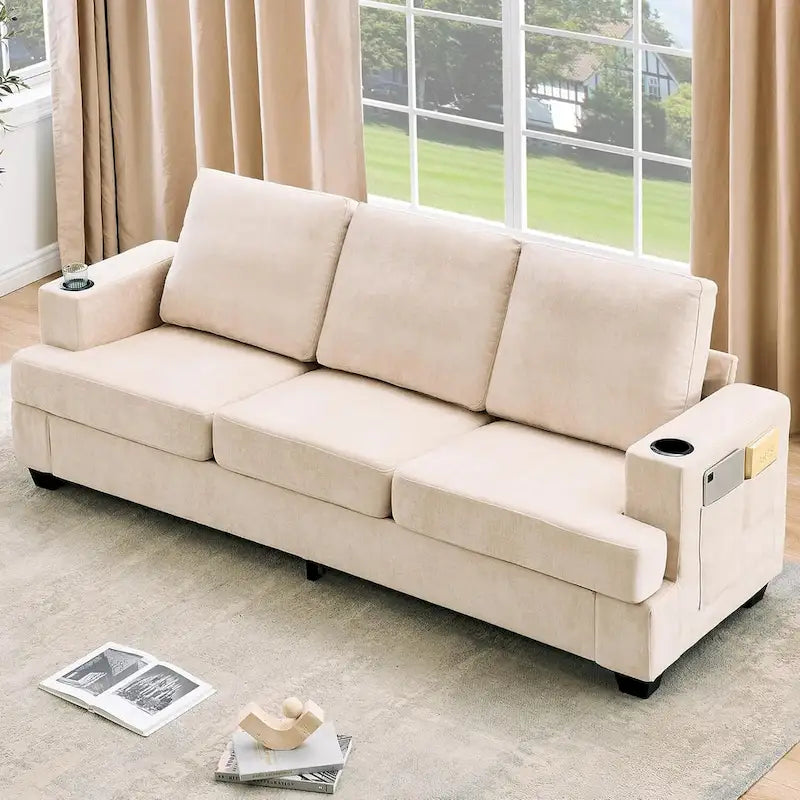 89 3-Seater Sofa, Deep Seat Sofa, Modern Comfy Couches for Living Room with Cup Holders
