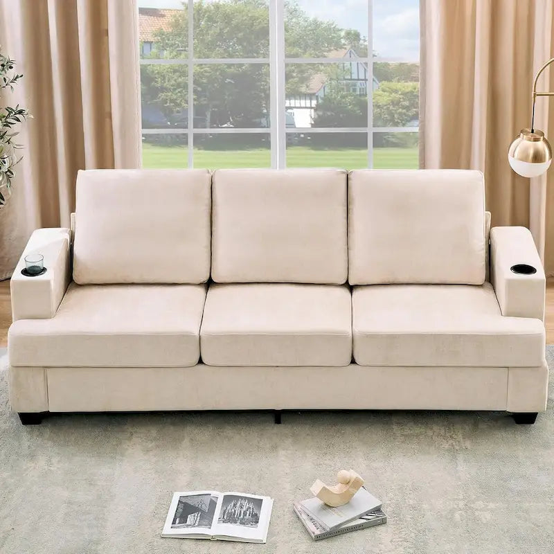 89-Inch Chenille 3-Seater Sofa with Cup Holders, Storage Pockets and Throw Pillows