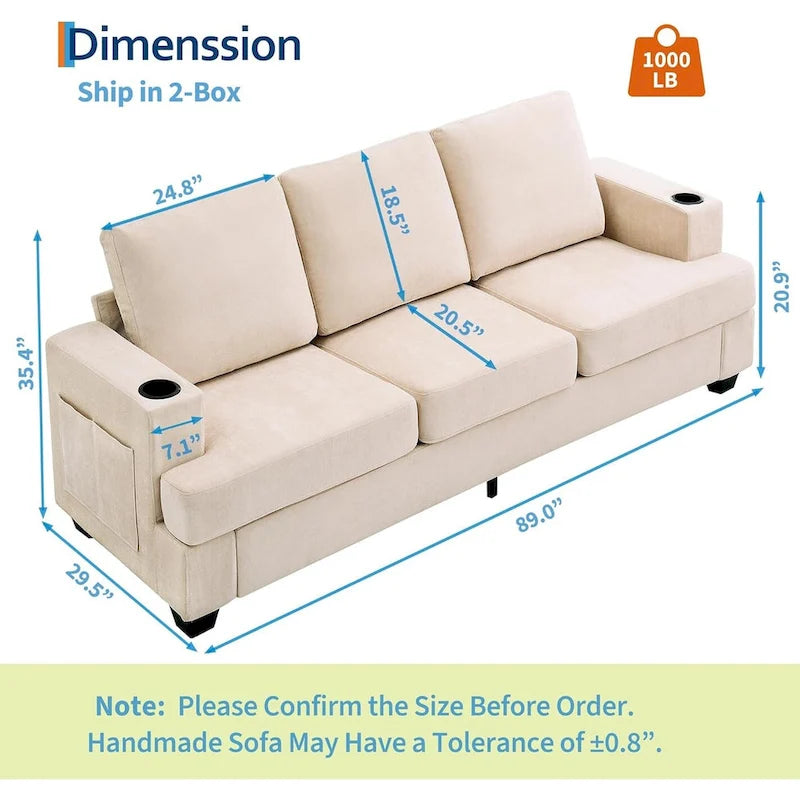 89-Inch Chenille 3-Seater Sofa with Cup Holders, Storage Pockets and Throw Pillows