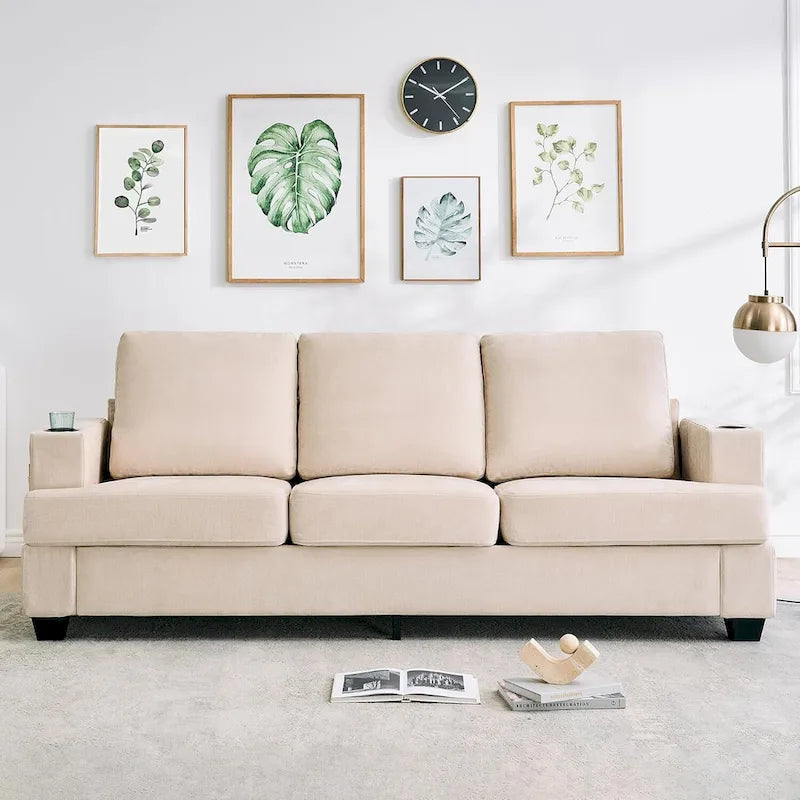 89-Inch Chenille 3-Seater Sofa with Cup Holders, Storage Pockets and Throw Pillows