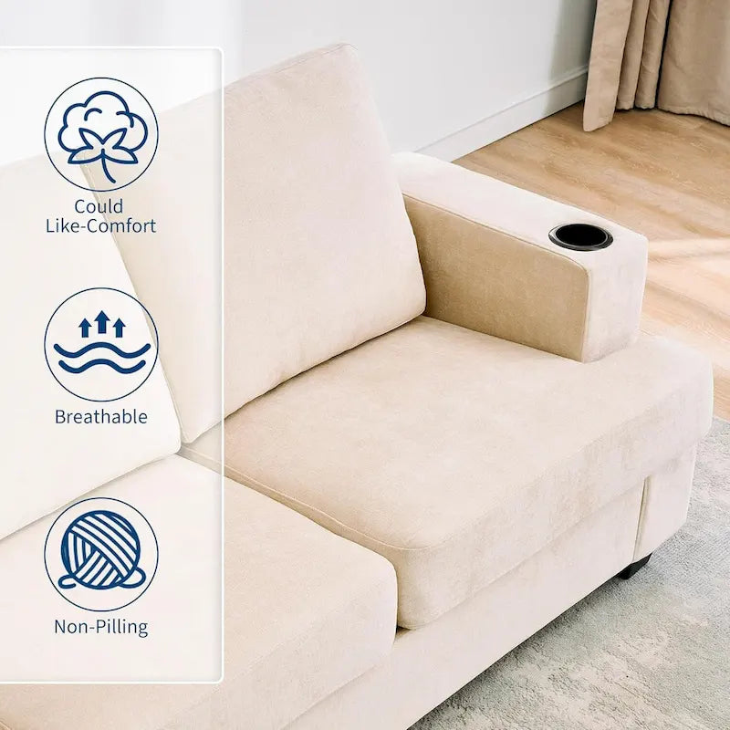 89-Inch Chenille 3-Seater Sofa with Cup Holders, Storage Pockets and Throw Pillows