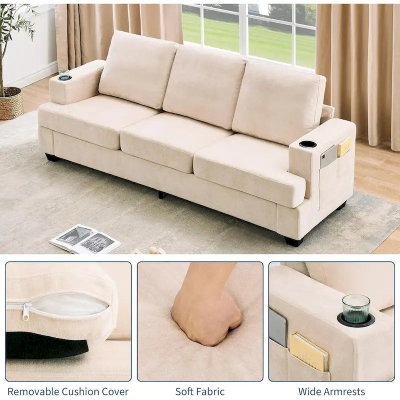 89-Inch Chenille 3-Seater Sofa with Cup Holders, Storage Pockets and Throw Pillows