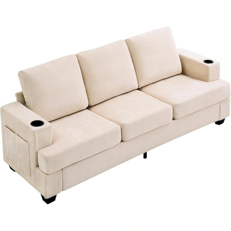 89-Inch Chenille 3-Seater Sofa with Cup Holders, Storage Pockets and Throw Pillows