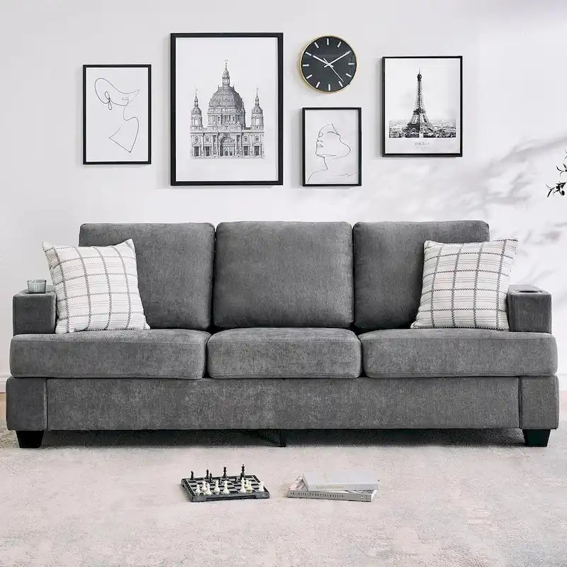 89-Inch Chenille 3-Seater Sofa with Cup Holders, Storage Pockets and Throw Pillows