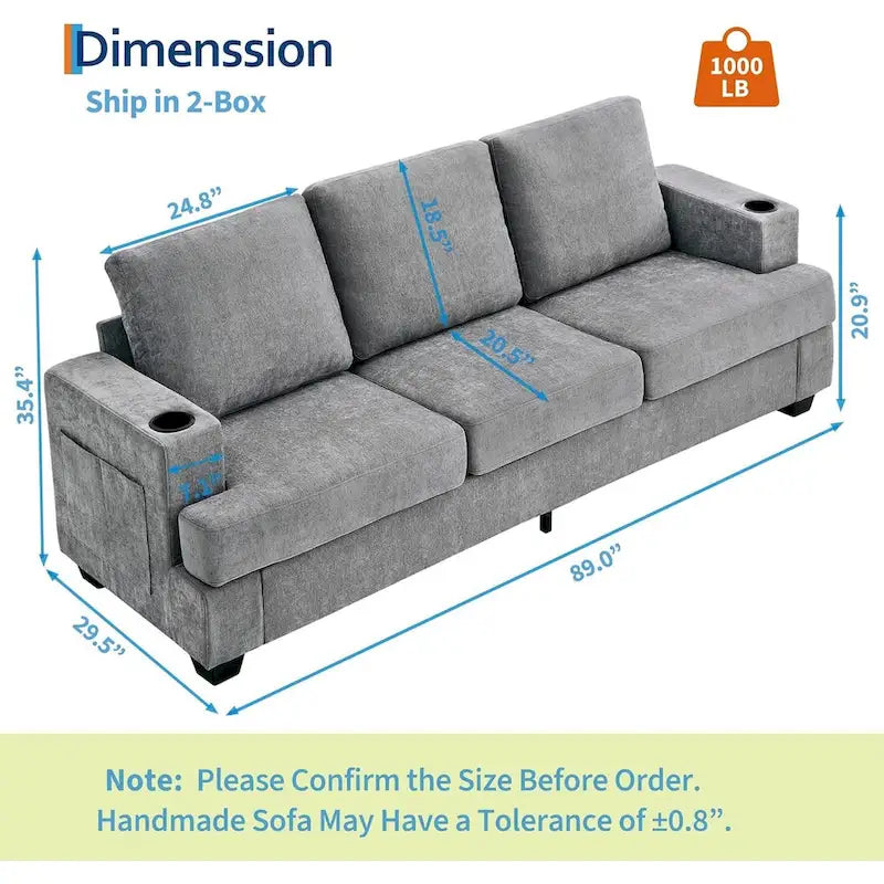 89-Inch Chenille 3-Seater Sofa with Cup Holders, Storage Pockets and Throw Pillows