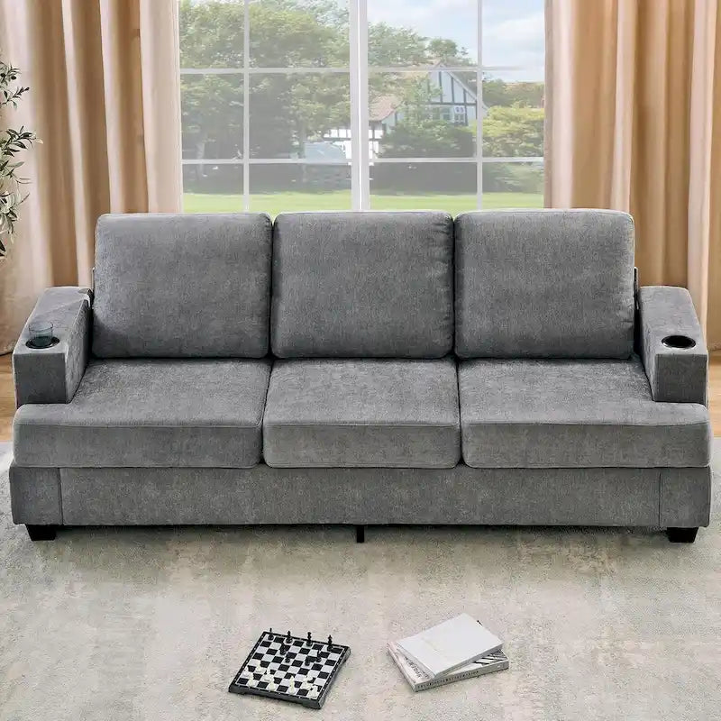 89-Inch Chenille 3-Seater Sofa with Cup Holders, Storage Pockets and Throw Pillows