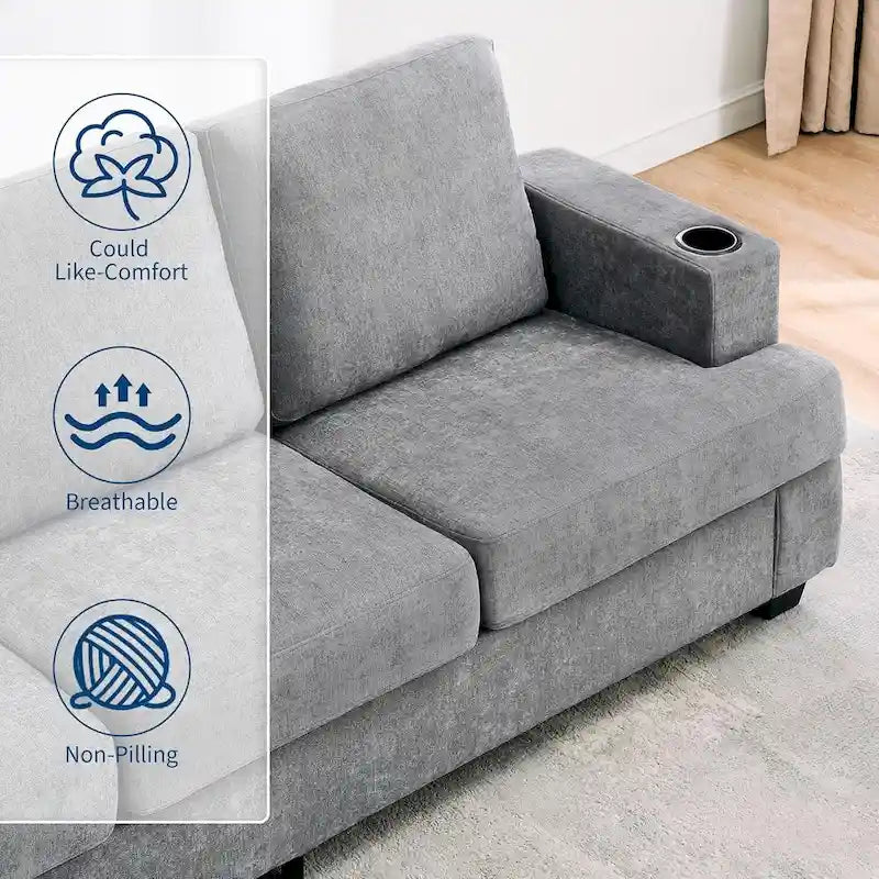 89-Inch Chenille 3-Seater Sofa with Cup Holders, Storage Pockets and Throw Pillows