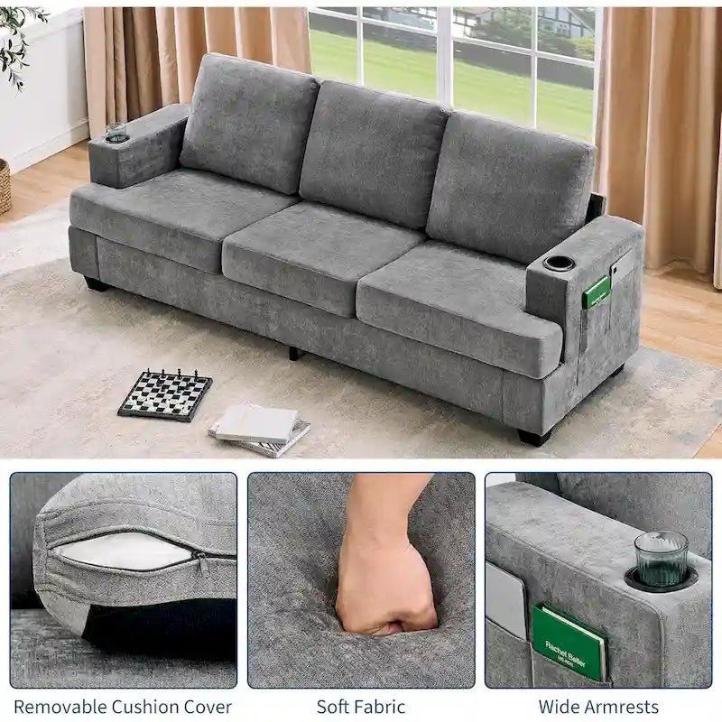 89-Inch Chenille 3-Seater Sofa with Cup Holders, Storage Pockets and Throw Pillows